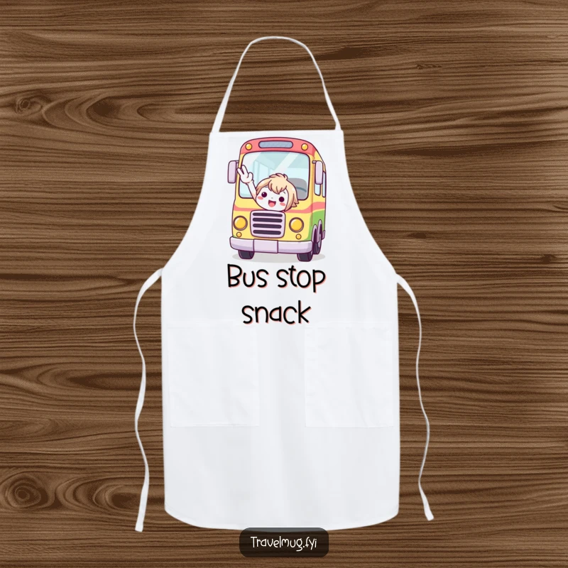 Funny apron featuring a cute character excitedly signaling a whimsical, colorful bus to stop for them.
