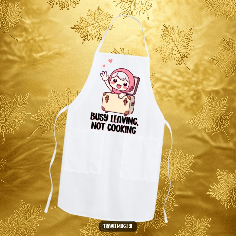 Funny Apron: A cute character waving goodbye from a small suitcase, ready to embark on a delicious adventure, kitchen humor.