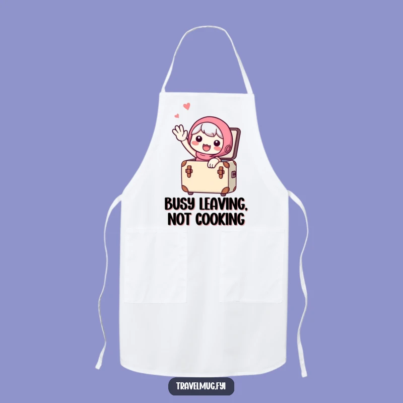 Funny Apron: Cute Character Waves Goodbye From Suitcase, Kitchen Funny Travel Gift!