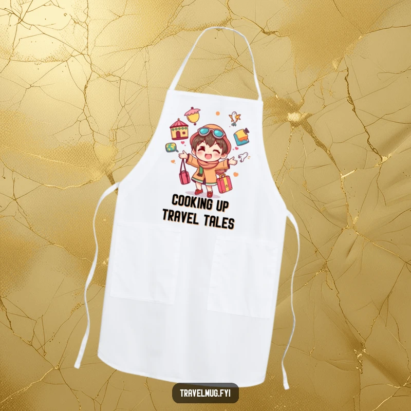 Funny apron illustrating a character cheerfully juggling colorful travel souvenirs, perfect for a humorous and adventurous cook.