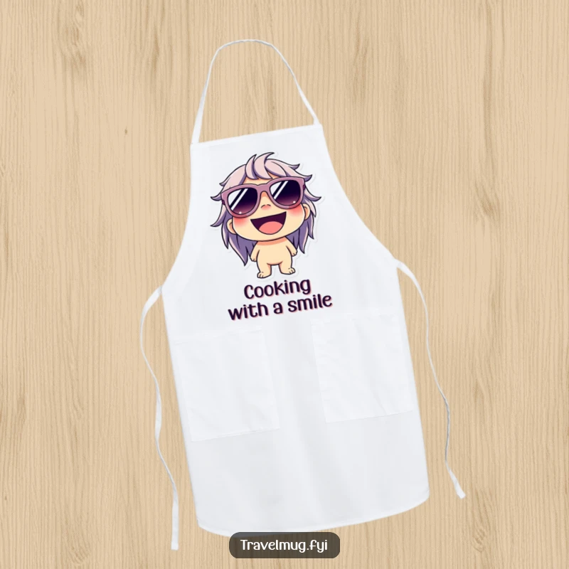 Funny apron of a character wearing oversized sunglasses and a wide grin, ready to add cool happiness to any cooking task.