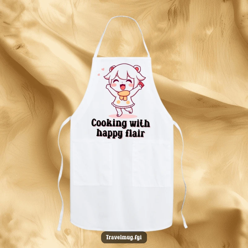 Funny Kawaii character apron depicting a cute character doing a happy dance with a souvenir, great for kitchen use.