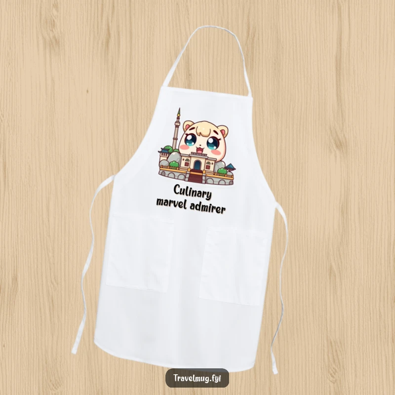 Funny Kawaii character apron depicting a cute character with wide, amazed eyes looking at a landmark, great for kitchen use.