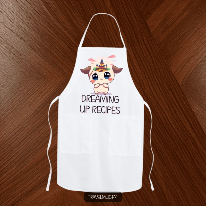 Funny apron with a kawaii character, wide eyes on a landmark, bringing humor and travel inspiration to the kitchen, a unique chef's gift.