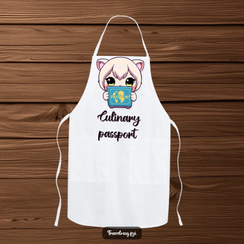Funny Apron: A character with wide eyes looks at a colorful passport, ready for a culinary journey.