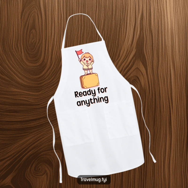 Funny Apron featuring a character excitedly waving a tiny flag while standing on a suitcase, perfect for adventurous cooking.