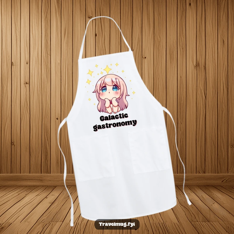 Funny apron featuring a character gazing at a constellation, a humorous and practical kitchen accessory for cosmic chefs.