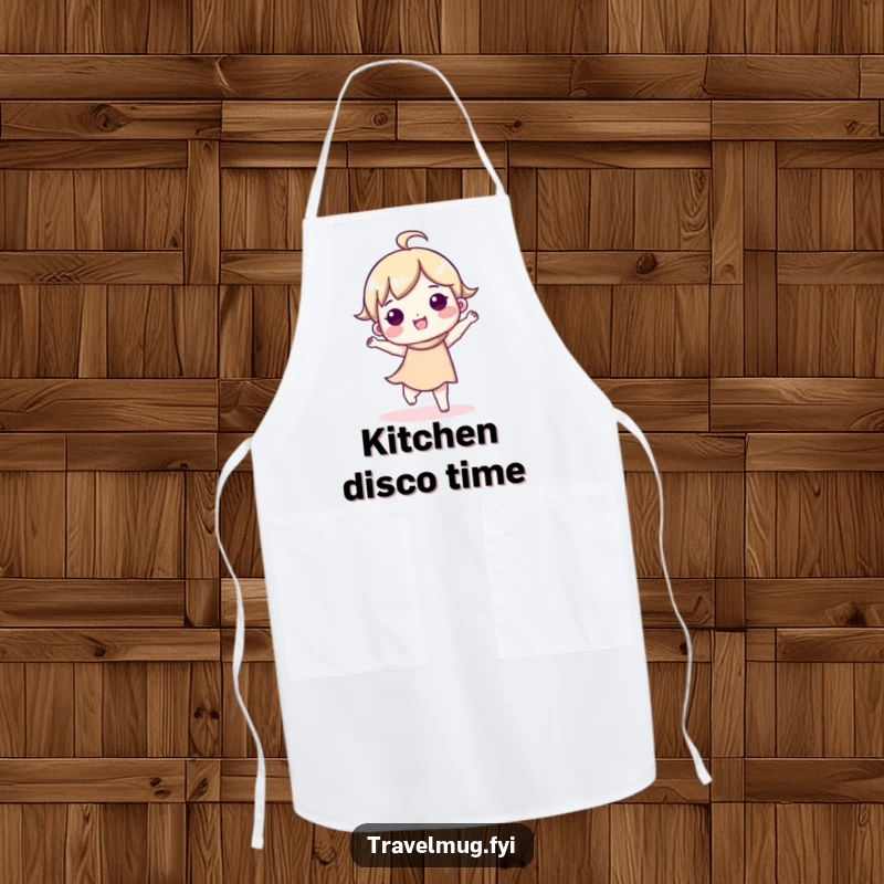 Funny apron featuring a cute character in a lively, happy dance, adding a touch of humor and fun to cooking.