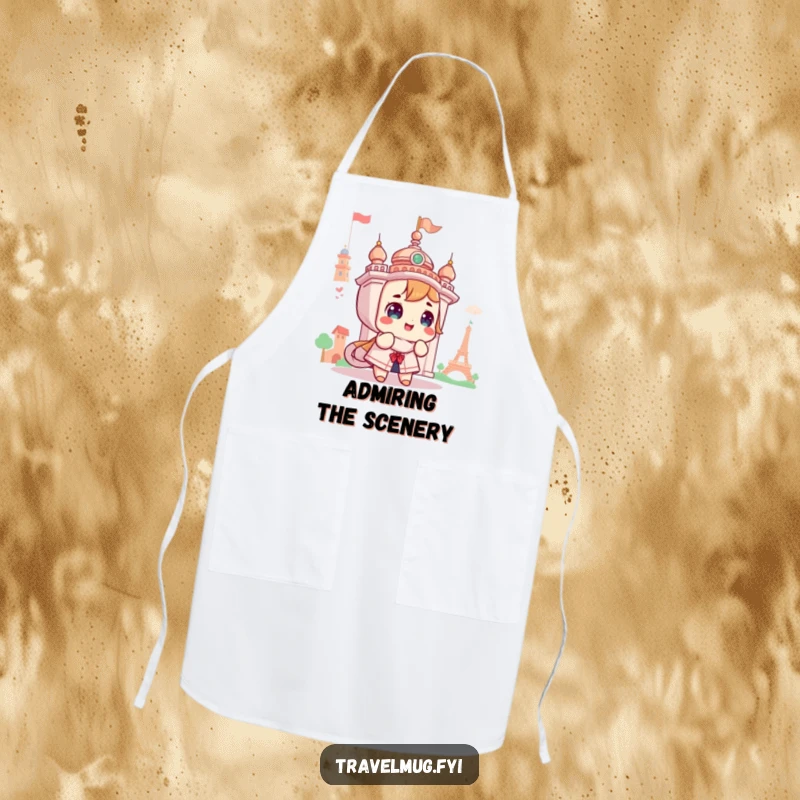 Funny apron featuring a cute character looking with awe at a landmark, adding a touch of travel humor to kitchen duties.