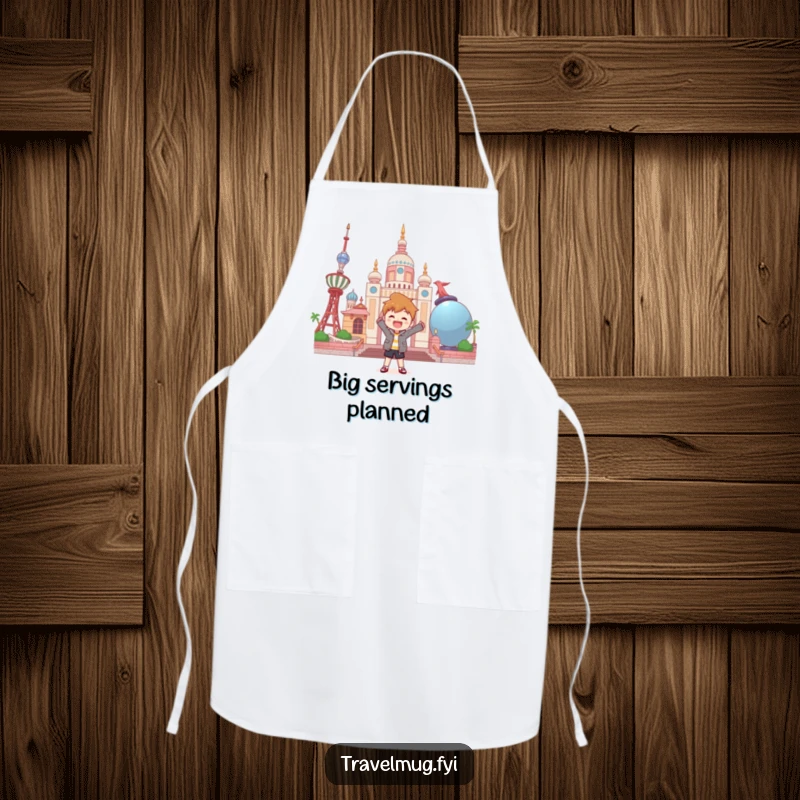 Funny apron featuring a character joyfully posing in front of a landmark constructed from oversized objects.