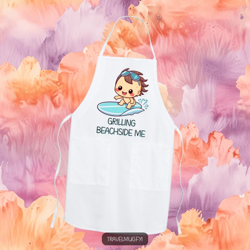 Funny Kawaii Apron, a cheerful character grinning on a surfboard, perfect for beach-themed kitchen fun.