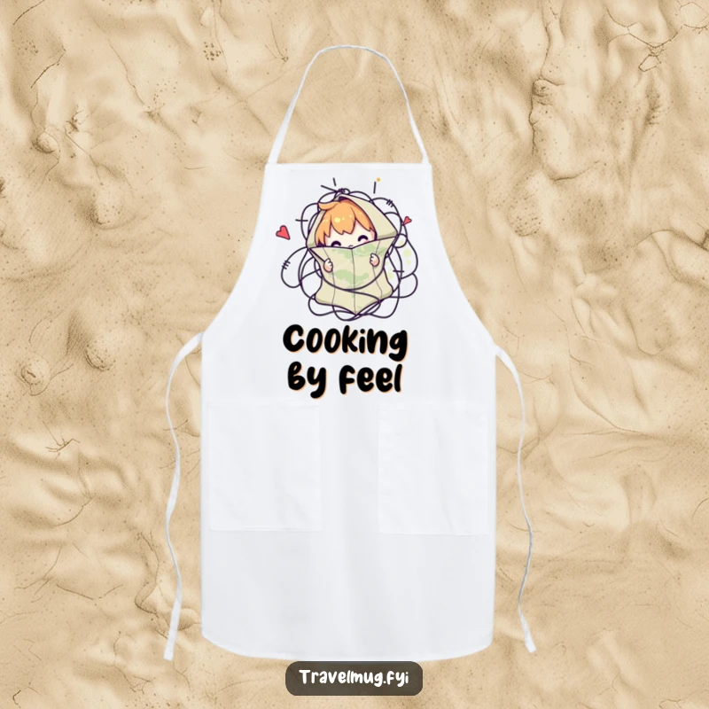 Funny apron showing a character comically tangled in a map, a humorous and practical kitchen accessory for travelers.
