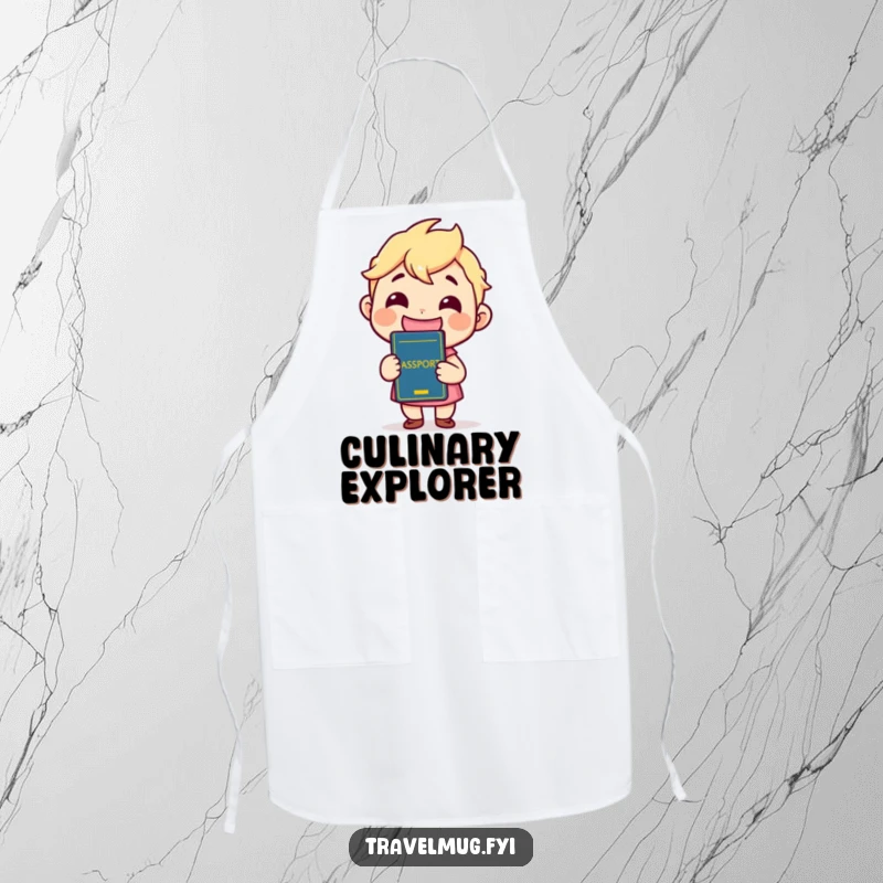 Funny Apron displaying a kawaii character grinning widely while holding a passport, ideal for kitchen fun and travel enthusiasts.