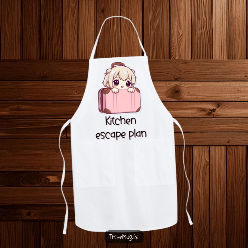 Funny apron with a character peeking from a suitcase, ready for kitchen adventures, adding humor to cooking.