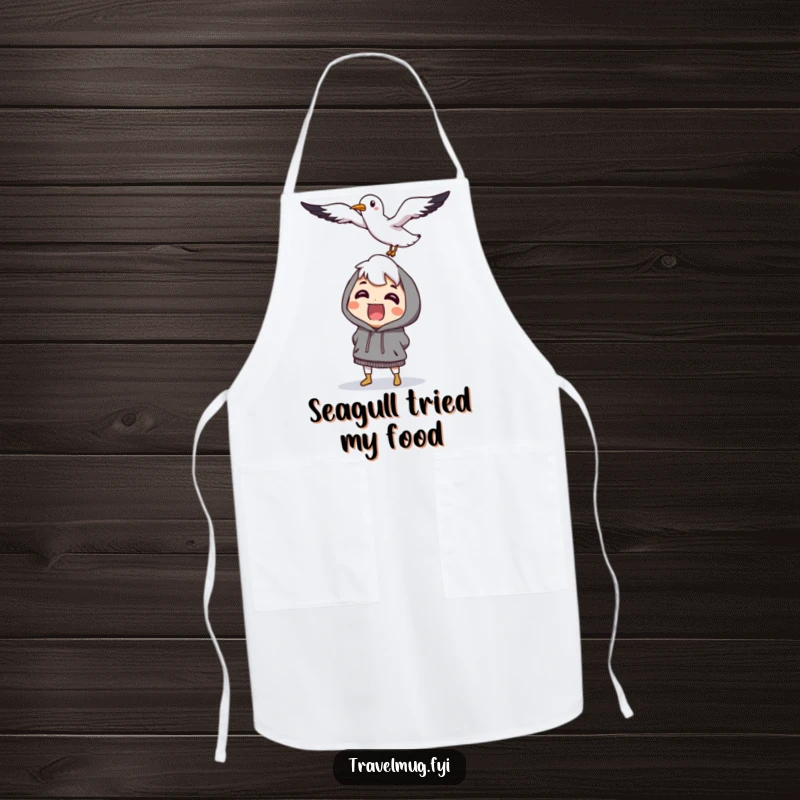 Funny character comically surprised by a flying, smiling seagull, a protective and humorous apron for chefs.