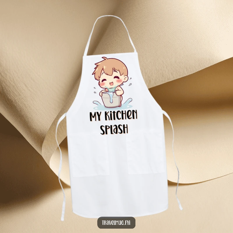 Funny apron with a character playfully splashing water from a tiny bucket, adding a splash of humor to the kitchen.