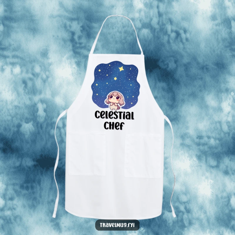 Funny apron with a character looking up at a starry night sky, ideal for cooks who enjoy celestial themes and humor.
