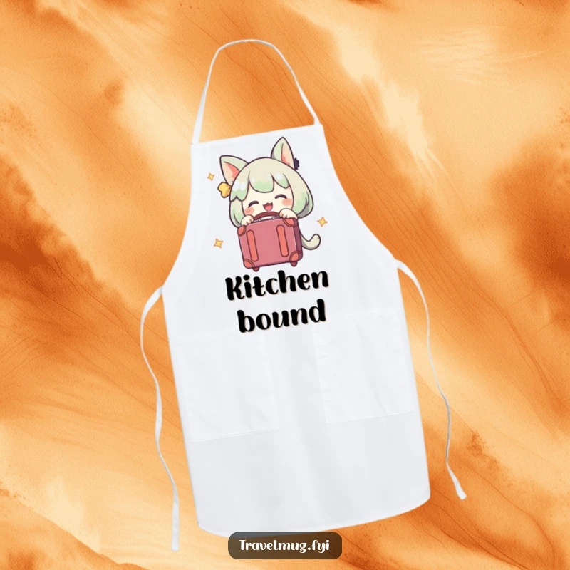 Funny apron with a character embracing a suitcase, ideal for cooks who dream of travel and enjoy humor.
