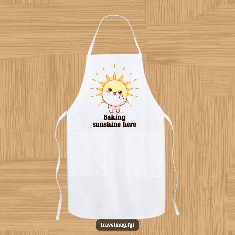 Funny Apron with a smiling character pointing towards a radiant sun, bringing a cheerful and optimistic feel to cooking.