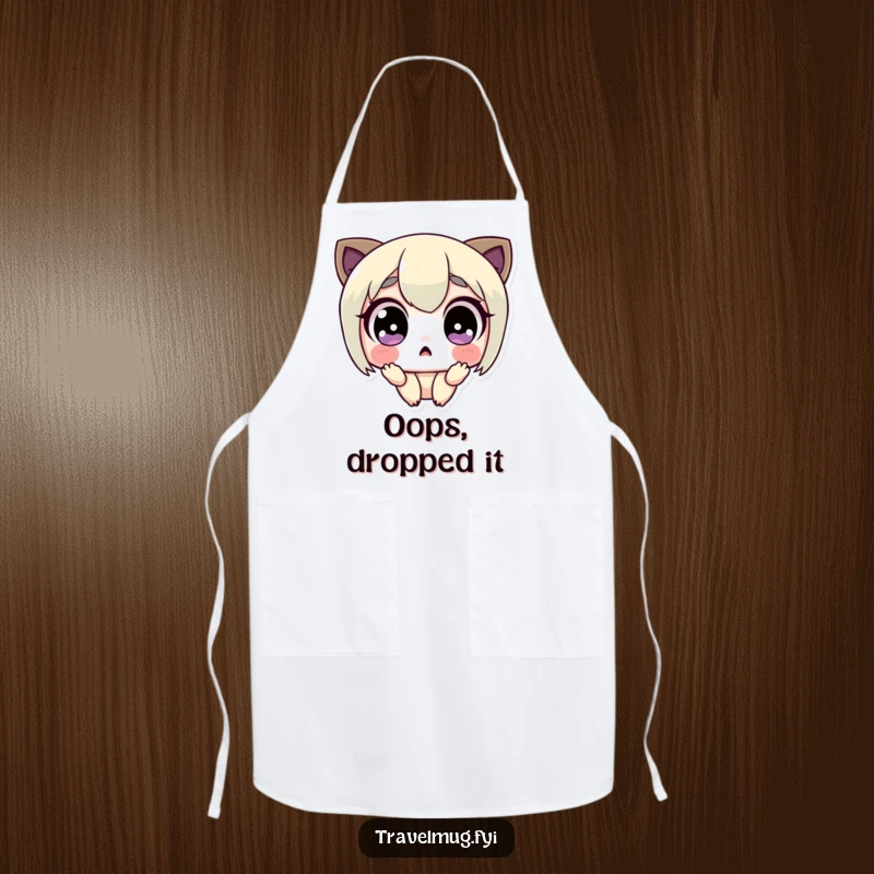 Funny apron illustrating a cute character with exaggerated wide eyes, expressing shock while cooking, making it a humorous kitchen accessory.