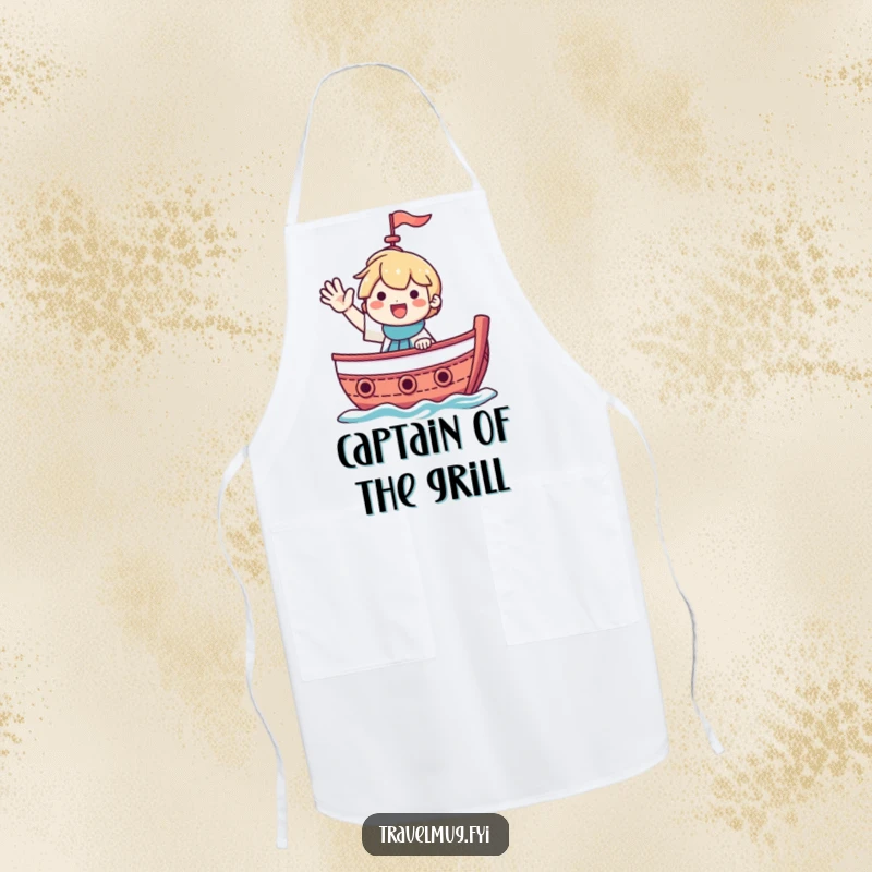 Funny apron showing a smiling character waving from a boat, great for chefs who love nautical themes.