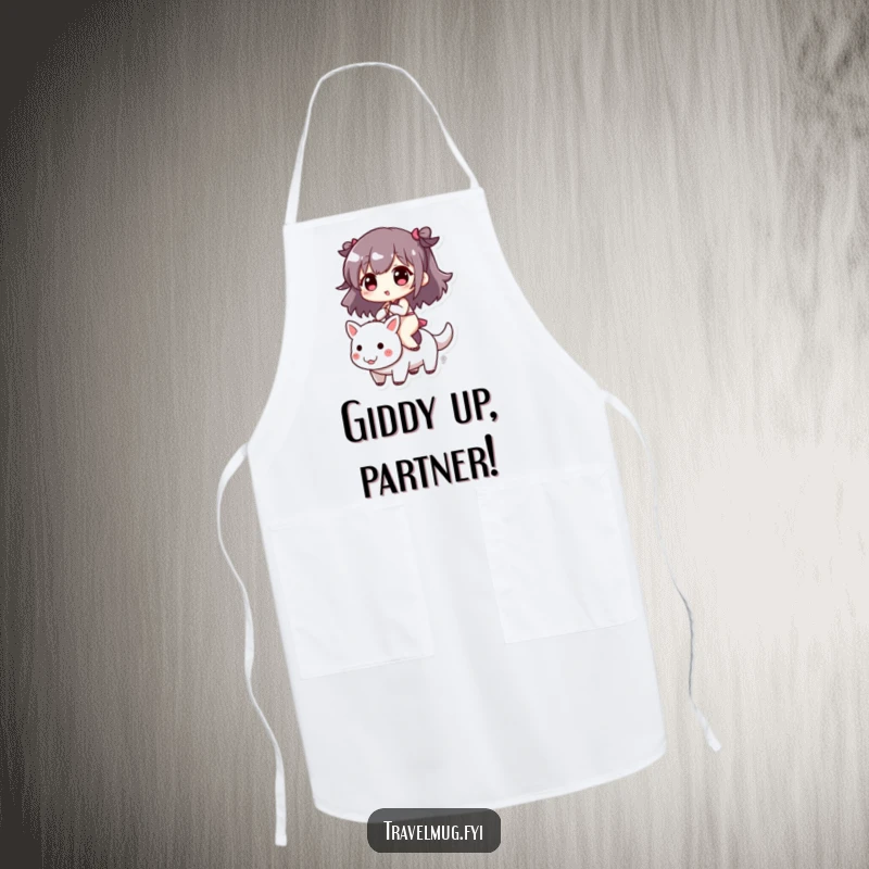 Funny apron print of a cute character riding a small, spirited creature, perfect for adding humor to kitchen activities.