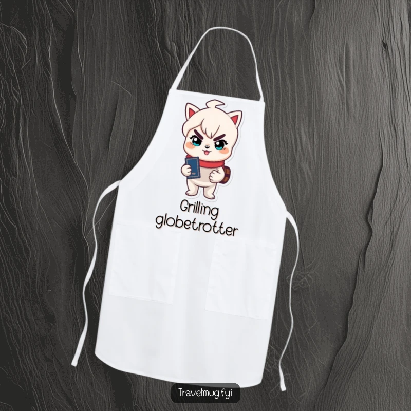 Funny apron depicting a cute character with a mischievous grin holding a passport, ready for global cuisine.