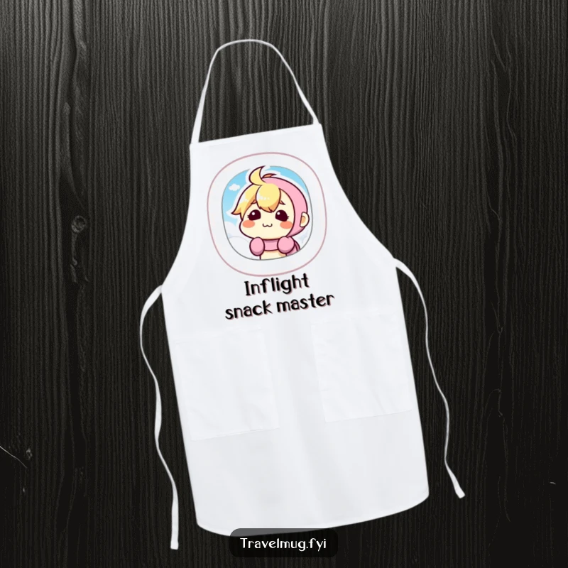 Funny Apron displaying a kawaii character making a silly face from an airplane window, ideal for kitchen fun and travel enthusiasts.