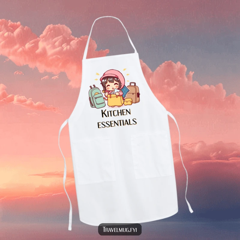 Funny apron featuring a character comically trying to pack too many items into a small bag, a humorous kitchen accessory.