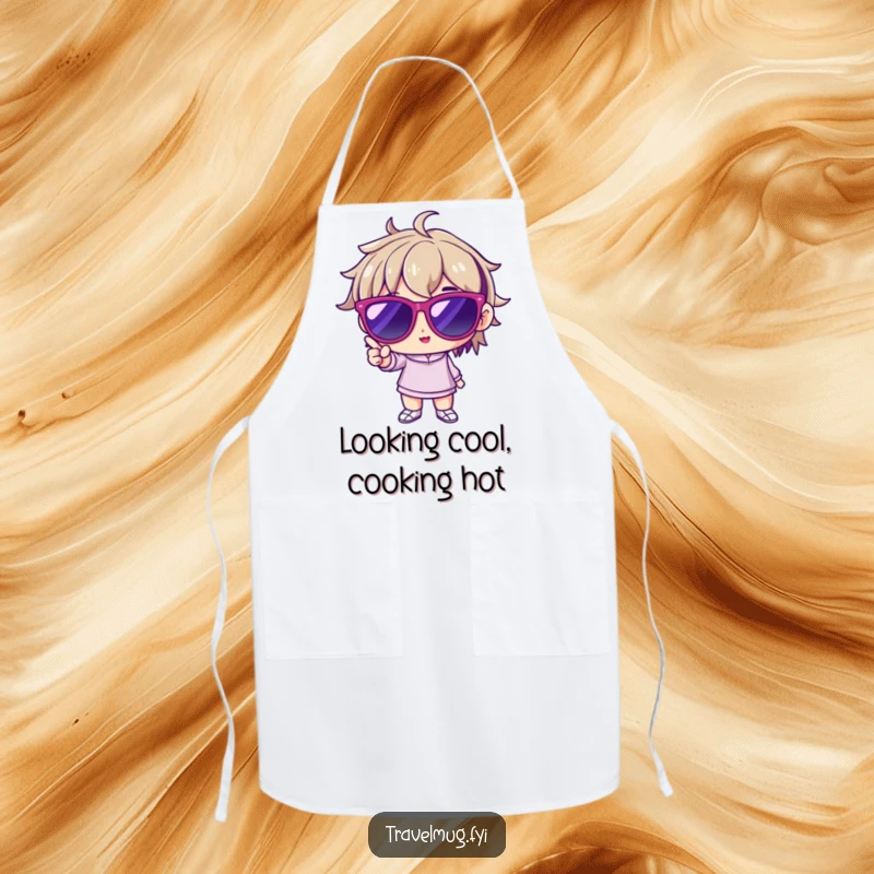 Funny apron with a character wearing oversized sunglasses, striking a pose, perfect for kitchen activities with a stylish and playful touch.