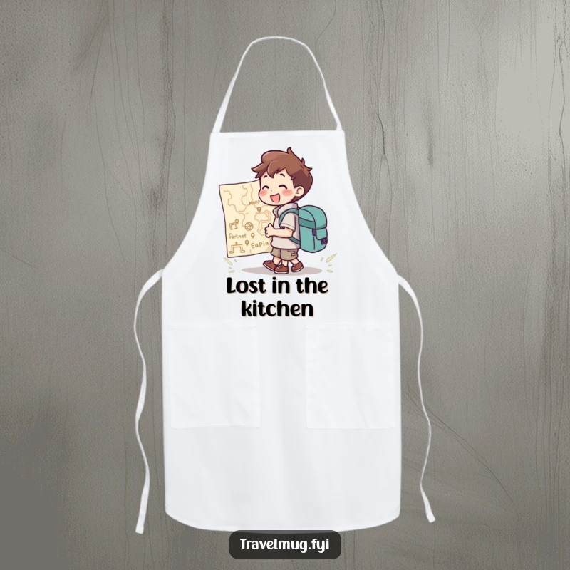 Funny Apron: A character with a backpack joyfully looking at a giant map, perfect for kitchen adventures and explorations.