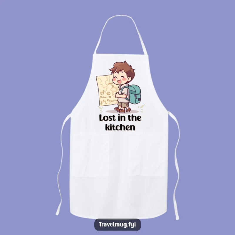 Funny Apron: Backpack Character Joyfully Consults Giant Map, Kitchen Funny Gift!