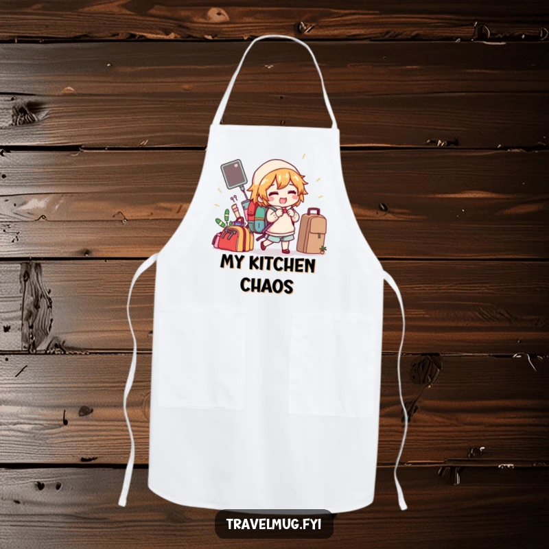 Funny apron with a character gleefully packing comical items into a backpack, adding humor to the kitchen.