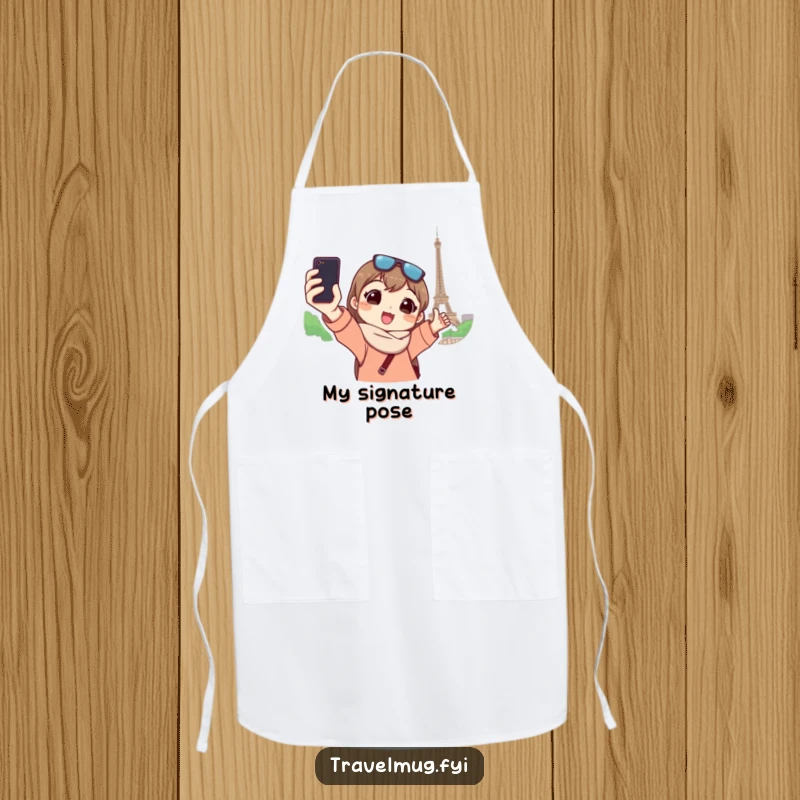 Funny apron shows a character taking a selfie at a landmark, blending culinary fun with travel humor.