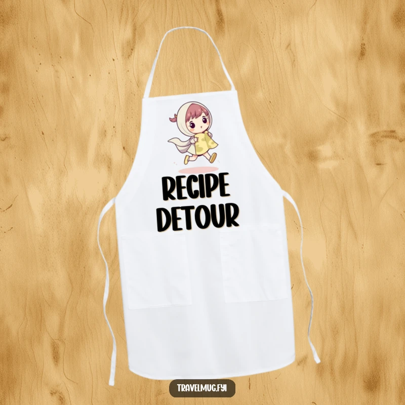 Funny apron with a character joyfully skipping with a map, ready for culinary exploration, adding humor to the kitchen.