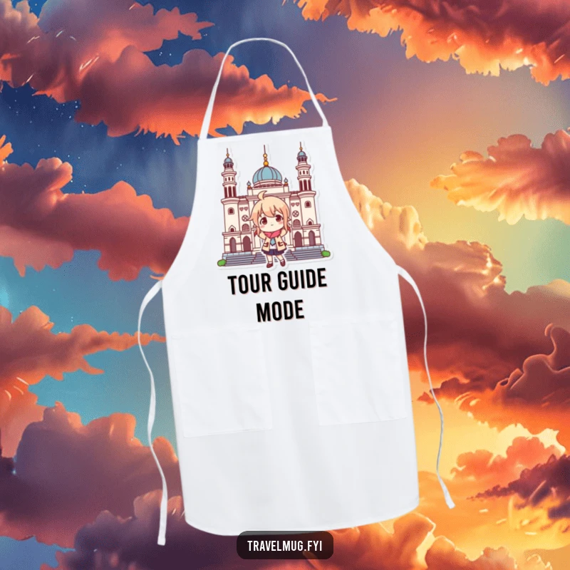 Funny apron with a character posing playfully at a landmark, ideal for cooks who love travel and humor.