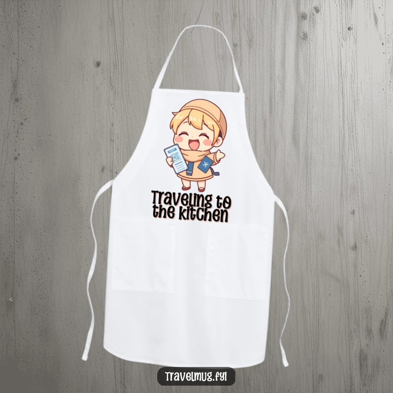 Funny Apron: A character gleefully holding a passport and ticket, perfect for kitchen adventures and pre-trip planning.