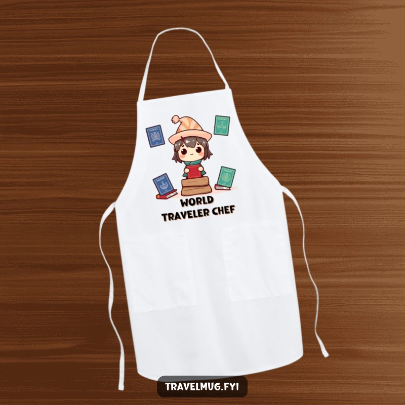 Funny Apron: A character wearing a silly hat balances several passports, ready for international culinary adventures.