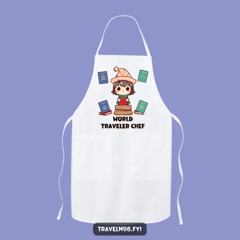 Funny Passport Chef Apron: Character with hats, a practical funny gift for travel-themed cooking.