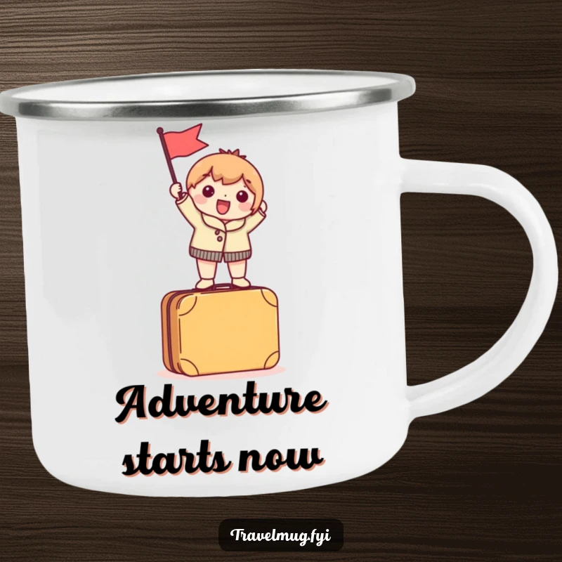 Funny Enamel Camping Mug showing a character excitedly waving a tiny flag while standing on a suitcase, perfect for outdoor adventures.