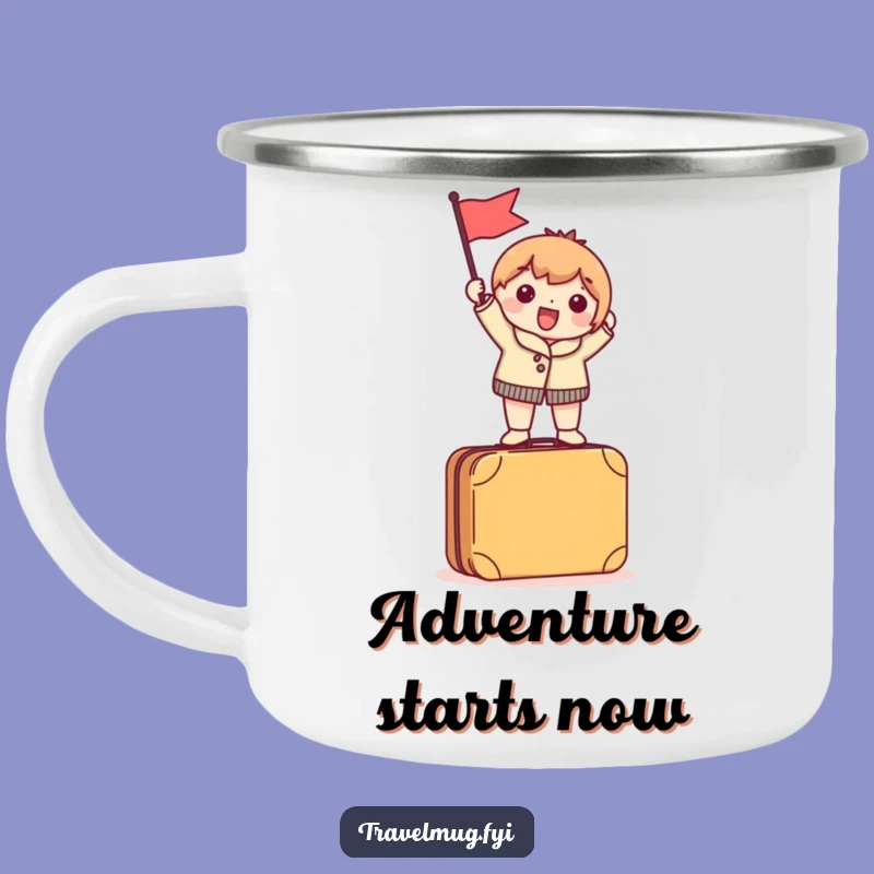 Funny Enamel Camping Mug: Traveler Character, Adventure Flag Gift