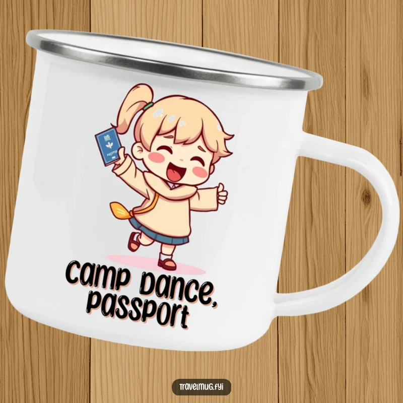 Funny passport dance camping mug, a character dancing with a passport, perfect for outdoor drinks with travel humor.