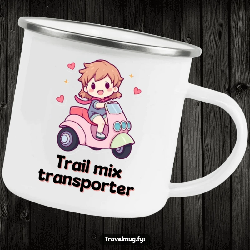 Funny camping mug showing a character happily riding a small, whimsical vehicle, ideal for outdoor enjoyment and embracing the spirit of adventure.