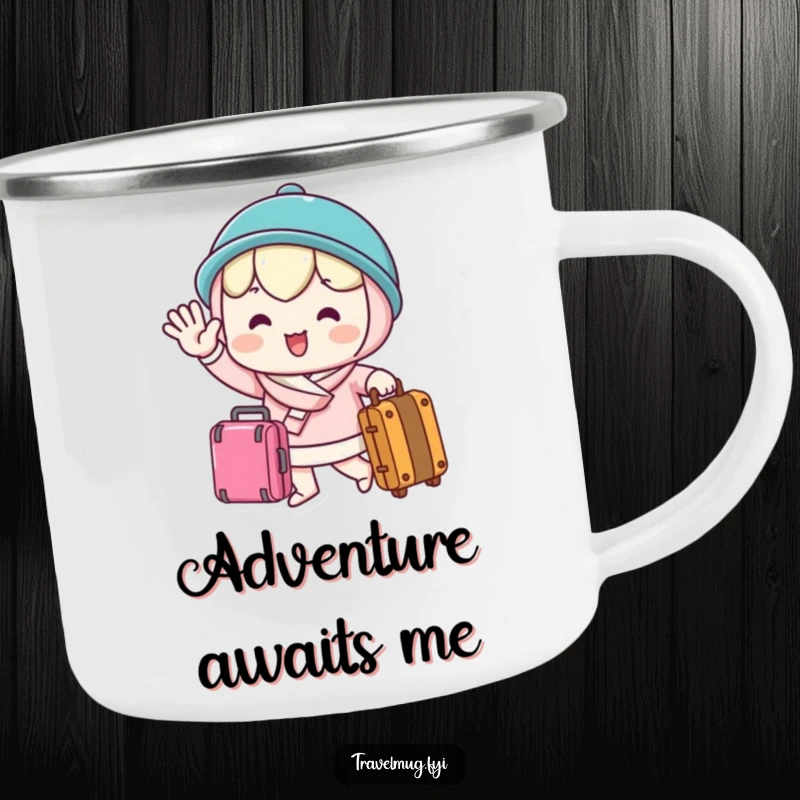 Funny Camping Mug with a kawaii character waving goodbye cheerfully while holding a suitcase, perfect for travel-themed outdoor adventures.