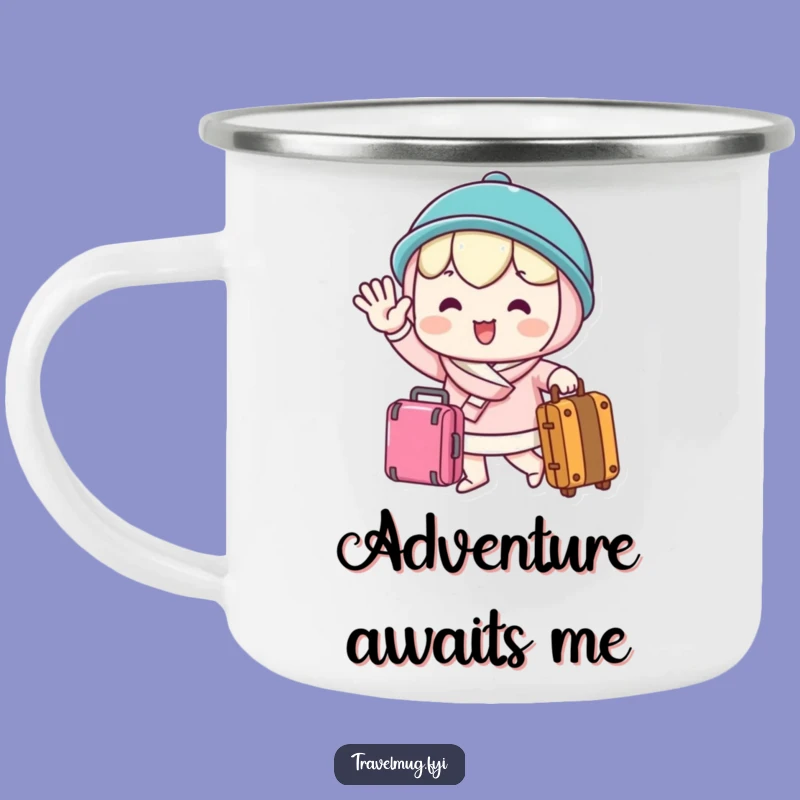 Enjoy your campfire coffee with a side of wanderlust thanks to this durable camping mug featuring a kawaii character waving goodbye with a suitcase. Adventure awaits!