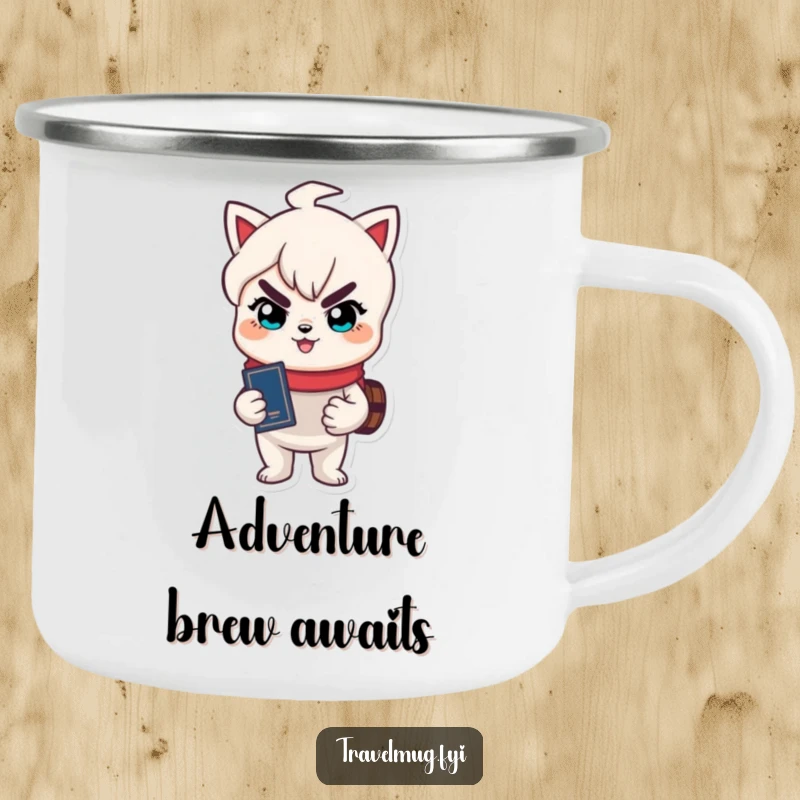 Funny camping mug with a cute character holding a passport and a mischievous smile, ready for outdoor exploration.