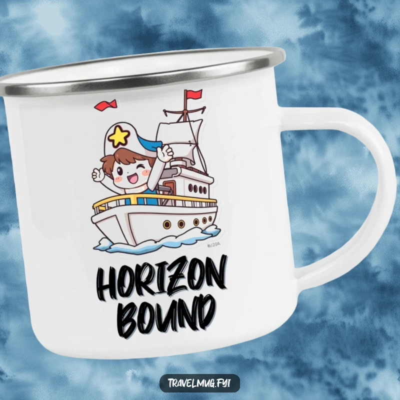 Funny Camping Mug: A happy character waves goodbye from a departing ship, ready for outdoor fun.
