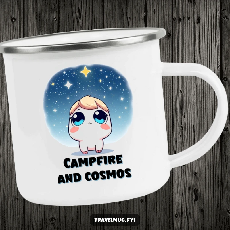 Funny Camping Mug: A character with wide eyes looking up at a star-filled sky, perfect for enjoying the outdoors and night views.
