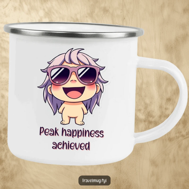 Funny camping mug showing a character wearing oversized sunglasses and a wide grin, perfect for outdoor adventures and happy times.