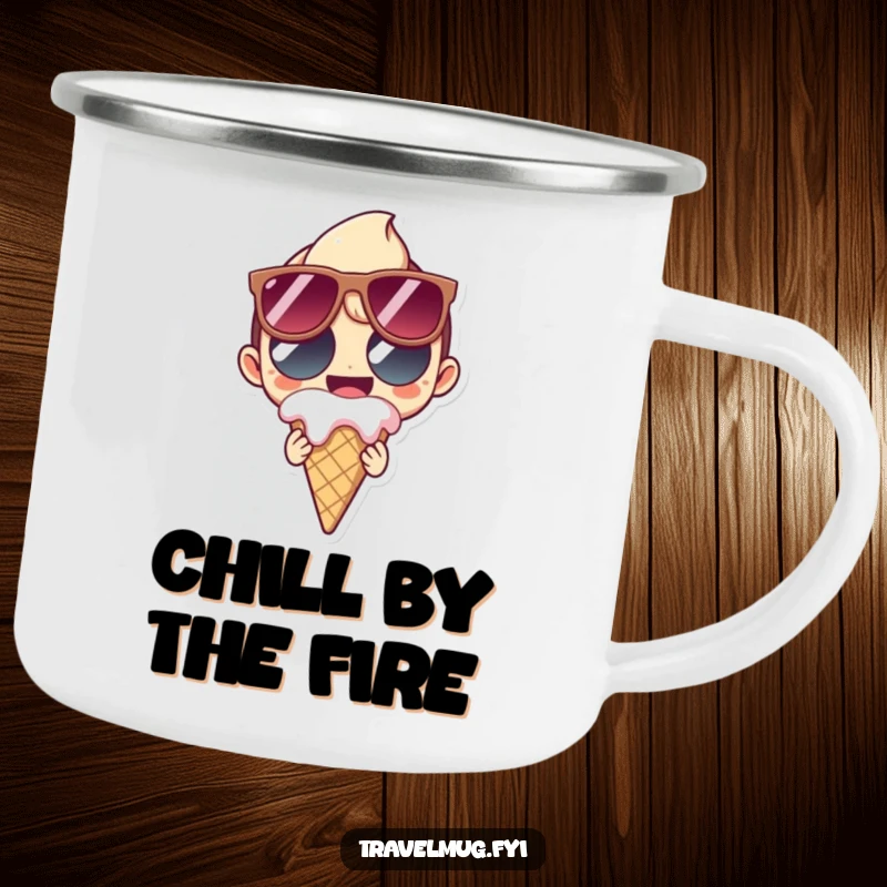 Funny Enamel Camping Mug showing a character in oversized sunglasses grinning while holding a melting ice cream cone, perfect for outdoor treats.